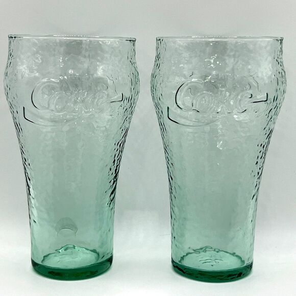 Vintage Set of 2 Coca-Cola Glass Pebbled Dimpled Textured Green 6” Tall See Pics - Picture 2 of 7
